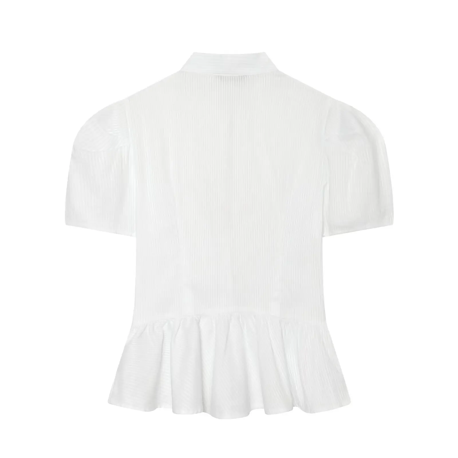 BSAY Autumn Chinese Style Women Frog Button Shirt Stand Collar Puff Short Sleeve Peplum Hem A Line Slim Fit Striped Blouse Top