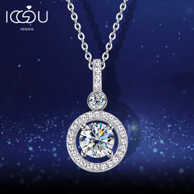 IOGOU 6.5mm D1.33CT Full D Color Moissanite Pendant Necklace for Woman Trend 2024 Real Silver 925 Fine Jewelry Christmas Gifts