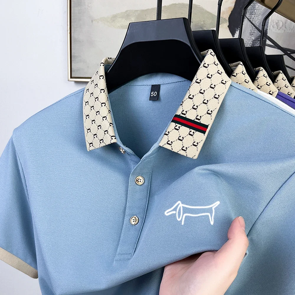

Men's Summer High-end New Silk Short Sleeved Cartoon Dog Print Pattern Comfortable and Refreshing Korean Golf Business T-shirt