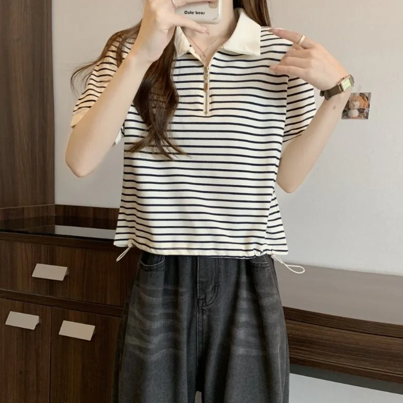 Women's Stylish Striped Collar Top Summer Short Sleeve Half Zipper Shirt With Drawstring