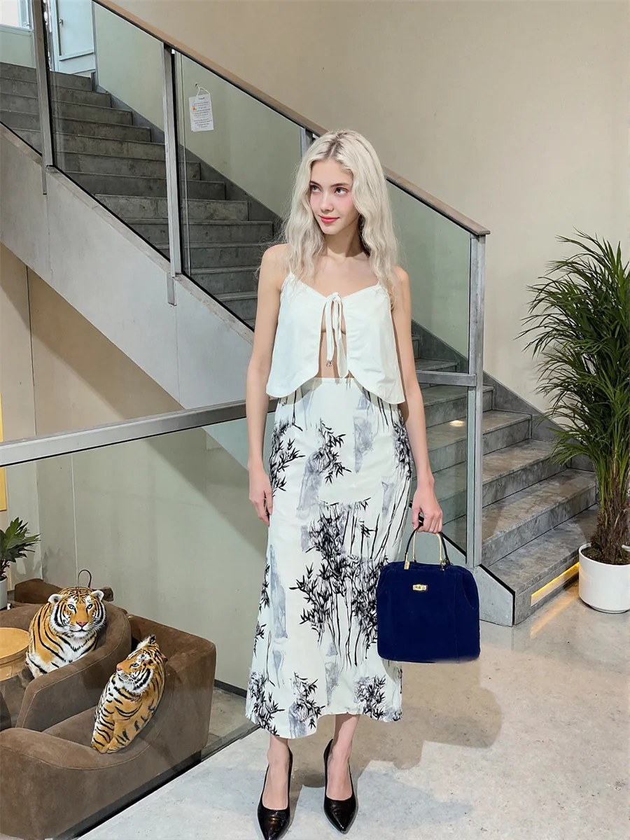 

Chinese Style Midi Skirts Women Dots Pleated Ruffle Hem Layered Mesh Elastic Waist Artistic College Skirt Blue Soft Classic