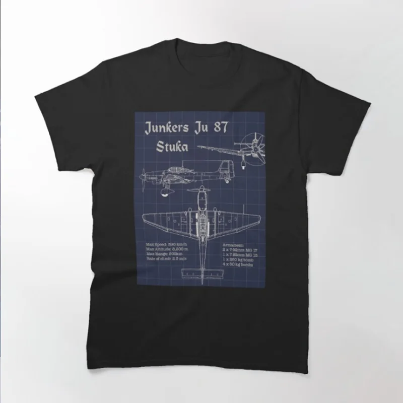 Junkers Ju-87 Stuka Blueprint T Shirt. 100% Cotton Short Sleeve O-Neck Casual T-shirts New Size S-3XL