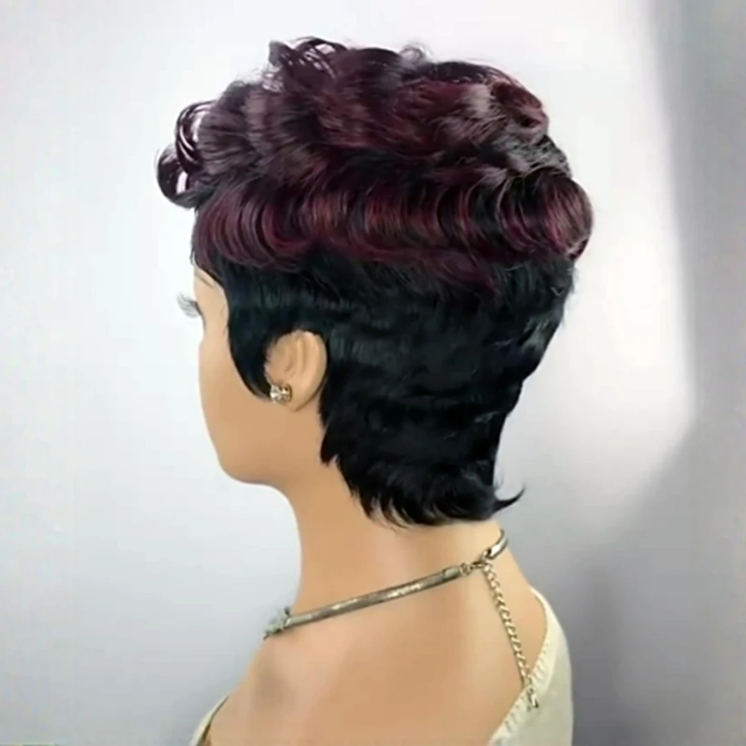 Parrucca bordeaux Pixie Cut per le donne capelli umani 1 b99j # parrucca corta onda riccia Pixie Bob parrucche parrucca corta fatta a macchina piena