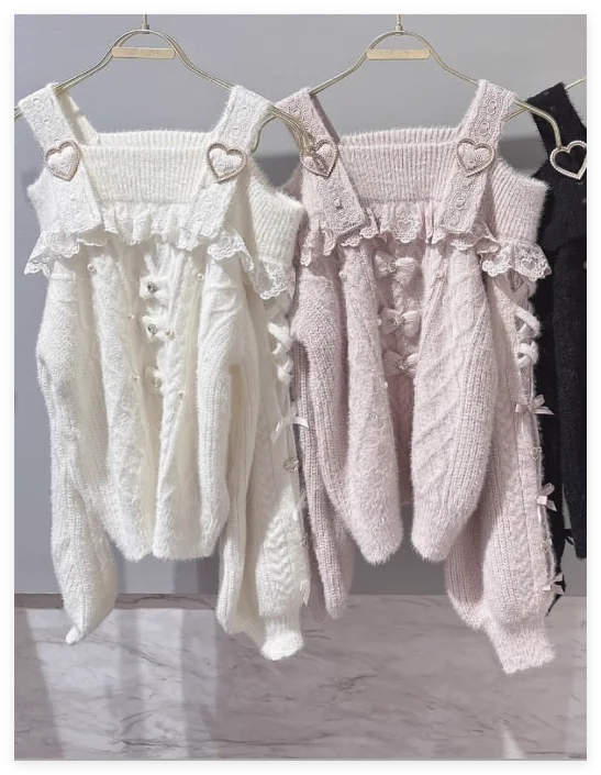 

Spring Winter New Classic Plush Sweater Women Heart Button Bow Knitted Sweater Japanese Style Off-Shoulder Long Sleeve Sweater