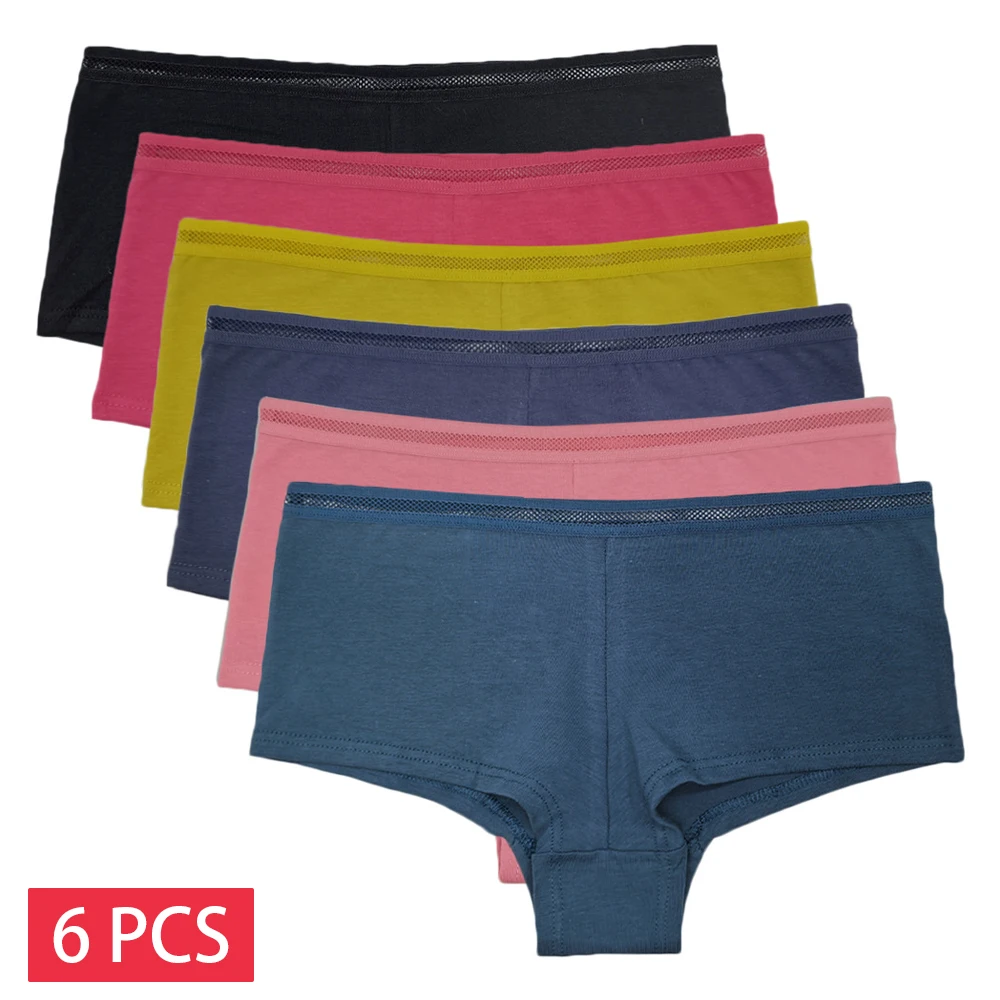 6 PCS/SET Women's Panties Cotton Sports Boxers Underwear Female Solid Color Boyshort Lingerie Intima