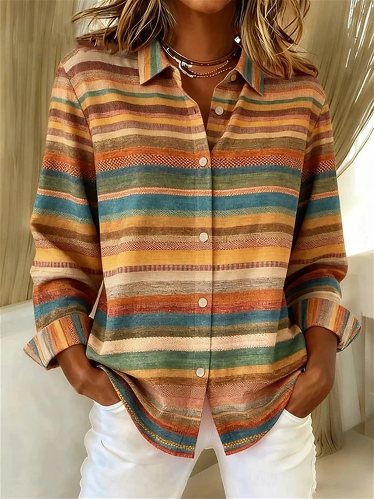 قميص مريح بأكمام طويلة مناسب للسيدات لعام 2025، تصميم بياقة سفلية، قميص كاجوال مناسب للتنفس، قميص خارجي غير رسمي