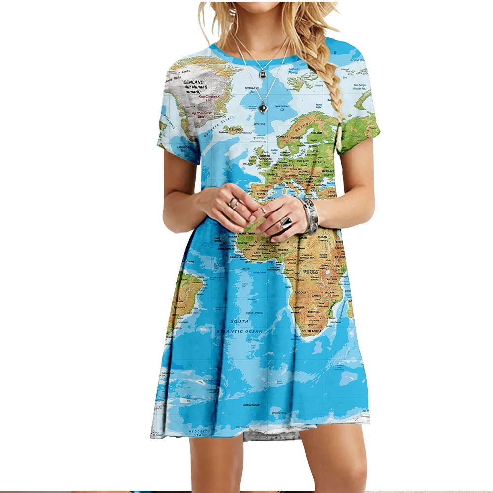 Summer Fashion Hot Sale Casual 3D Print World Map Print Round Neck Short Sleeve Loose Plus Size Women's Dress