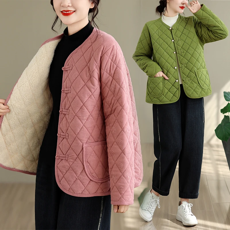 Thin Fleece Lined Cotton Jacket Velvet Winter Women's Clothing Pure Color Diamond Pattern V Neck Long Sleeve Cardigan Coat