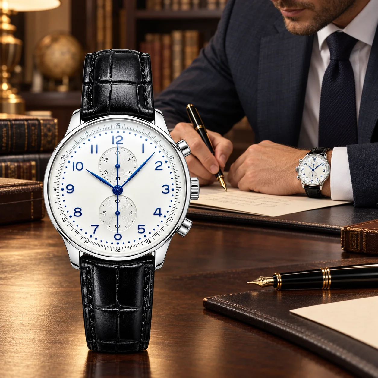 Men's 40-42mm Automatic Mechanical Watch Arabic Numeral Dial Leather Strap Classic Business Dress Wristwatch