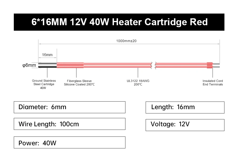 Trianglelab 3D-Drucker 6*16MM 12V 40W Heizpatrone mit 100CM Kabel für 3D-Drucker für PT100 HOTEND Volcano MK8 MK9 – Detail 1