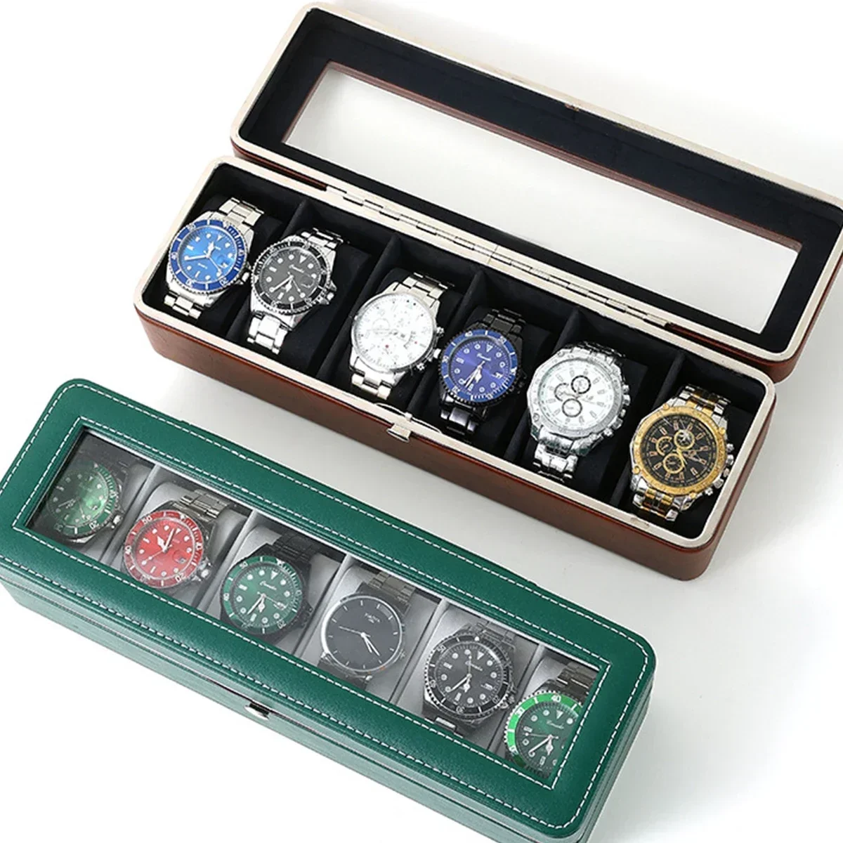 New Style Superior 6 Slots PU Leather Box For Watches Storage Multipurpose Case For Jewelry Storage Box with Removable Pillows