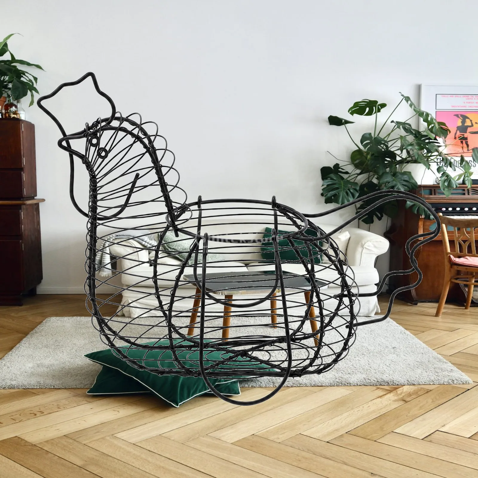 Farmhouse Style Iron Egg Basket Storage for Kitchen Pantry Organization with Chicken Design