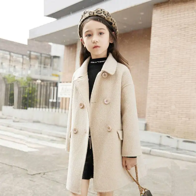 Girls Wool Coat Jacket Outerwear 2022 Beige Warm Thicken Plus Velvet Winter Autumn Cotton School Teenagers Children\'s Clothing