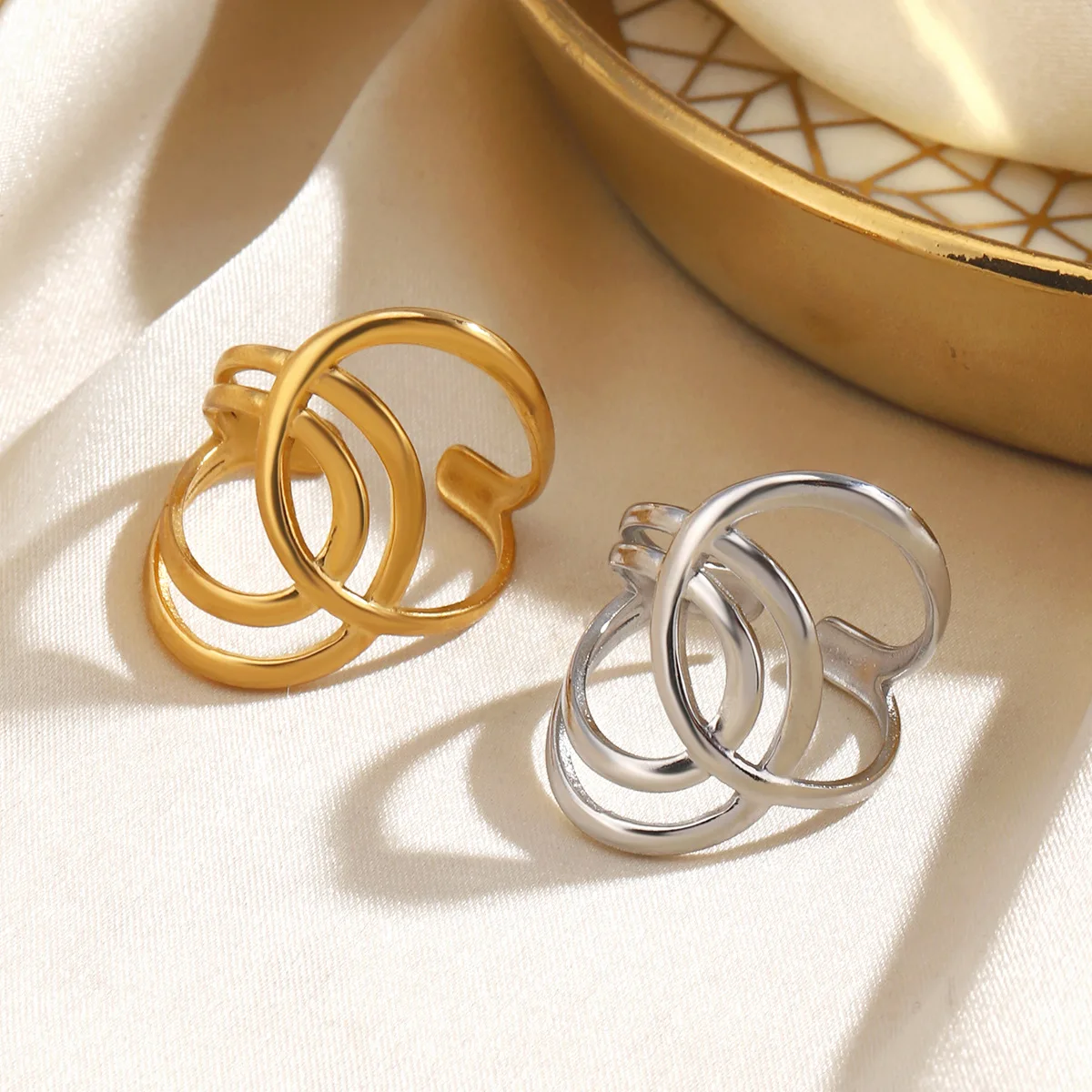 Stainless Steel Rings for Women Gold Color Multilayer Geometric Open Ring Vintage Waterproof Wedding Aesthetic Jewelry Gift