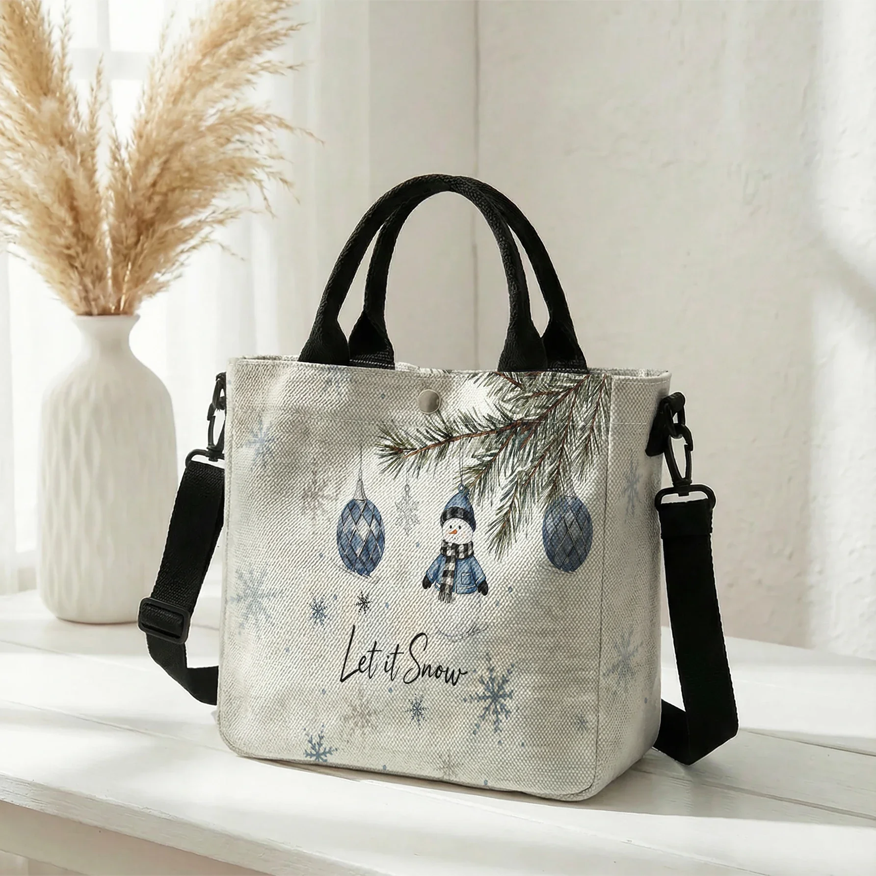 Let It Snow Snowman Blue Ornament Print Tote Bag, Detachable Strap Crossbody Handbag For Daily Work Shopping