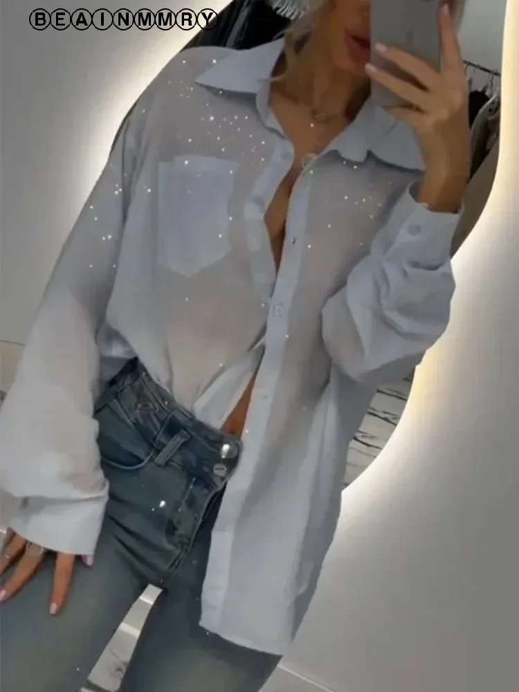 

Sequin Chiffon Basic Shirt Women Fashion Full Sleeve Lapel Button Pocket Blouse 2025 Lady Summer Office Commute Solid Shirts