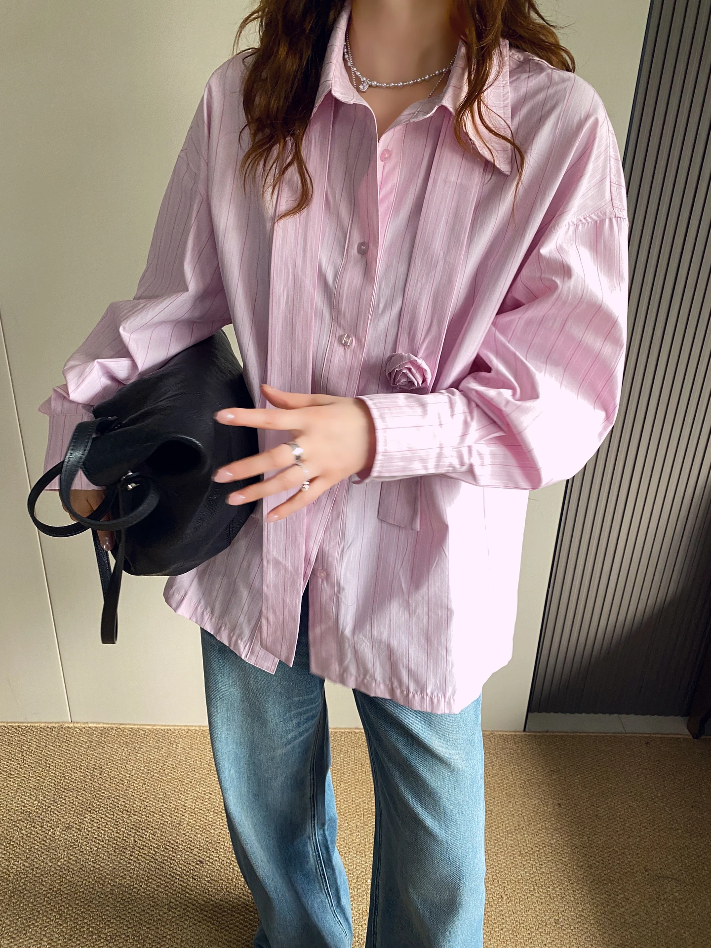 

Spring 2026 Women's Loose Long Sve Striped irt with Flower Sa Ele Breathable Casual Button up Top Floral Print