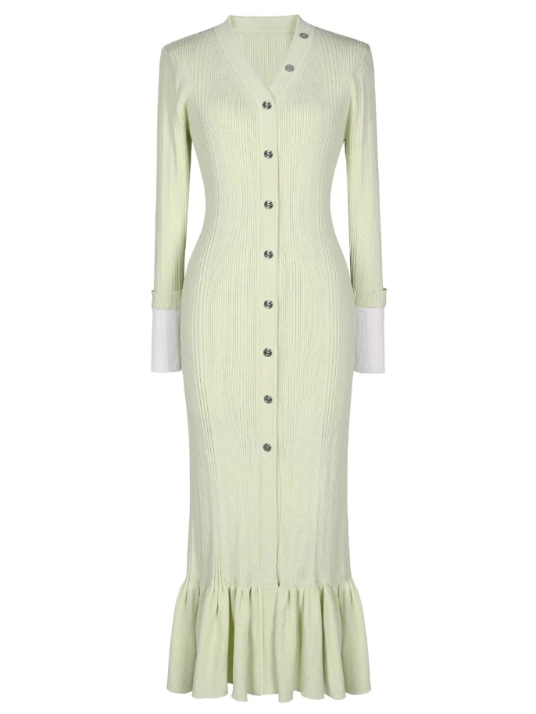 Vrouwen elegante gebreide jurk lente herfst sexy v-hals enkele rij knopen fishtail jurken lange mouwen Bocydon jurk vestidos