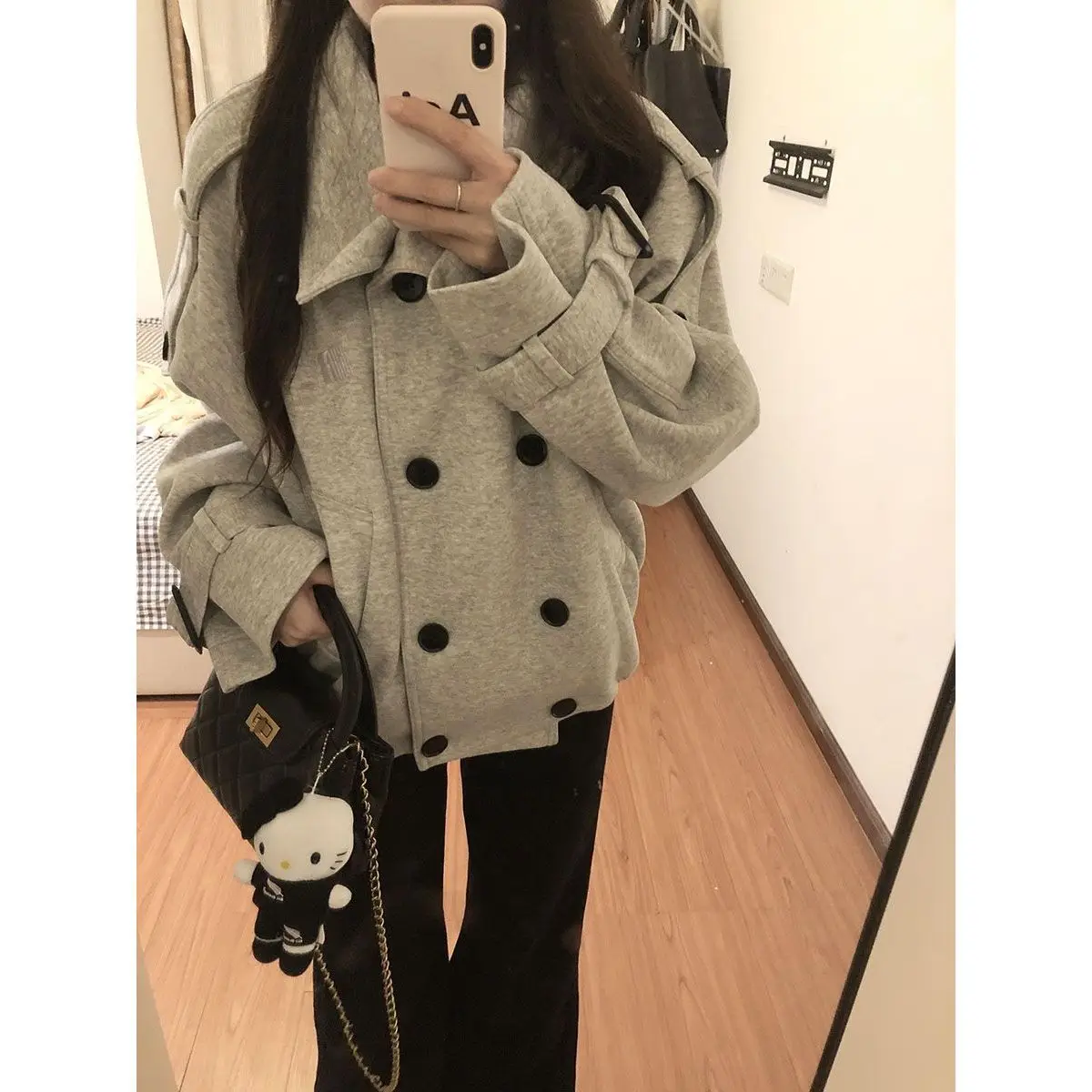 Women Gray Double Breasted Short Jacket Lapel Collar Loose Fit Long Sleeve Cuff Straps Casual Spring Autumn Coat