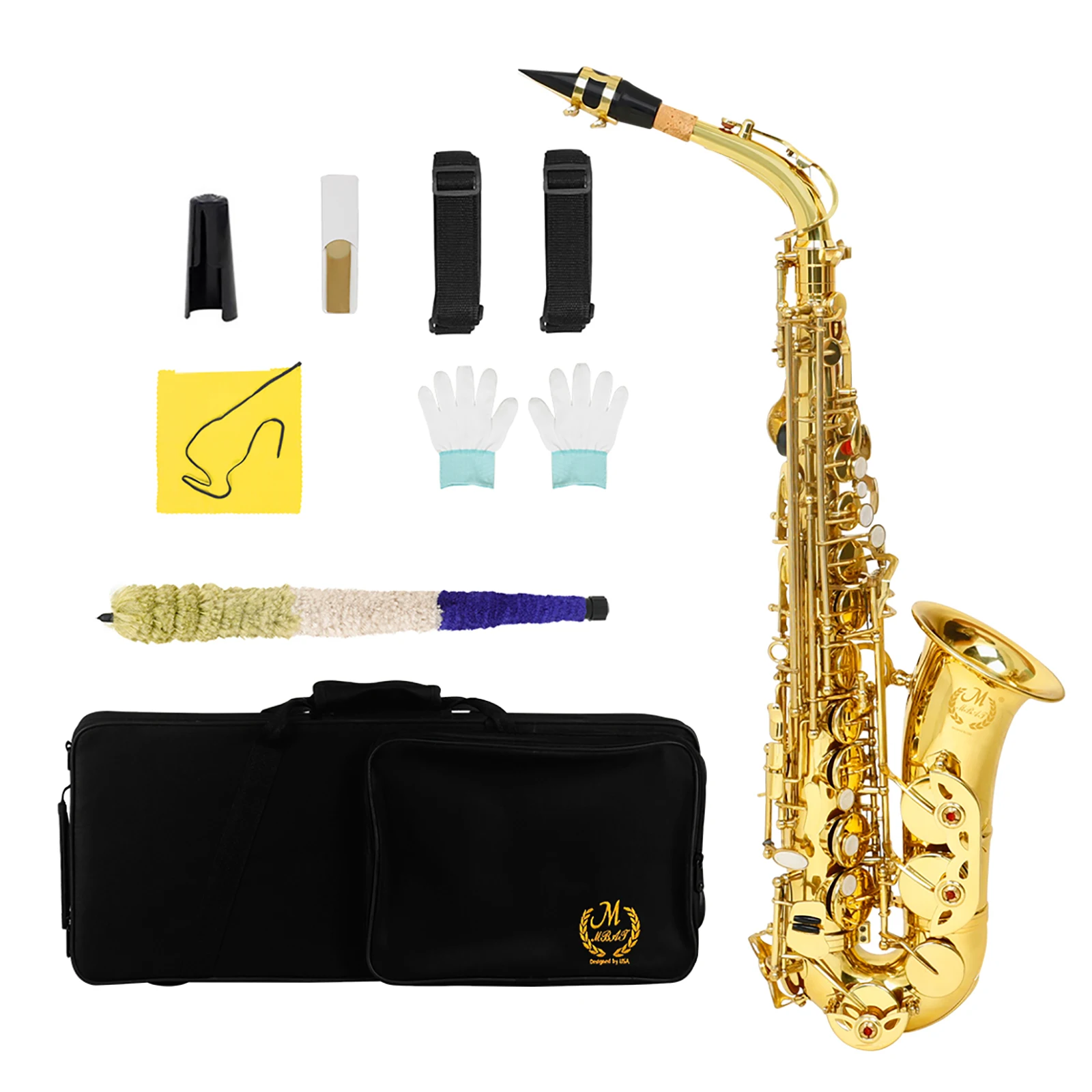 MBAT saxofón Alto dorado saxofón de tubo de latón Eb con guantes y paño de limpieza saxofón de instrumento de viento de madera adecuado para jugar