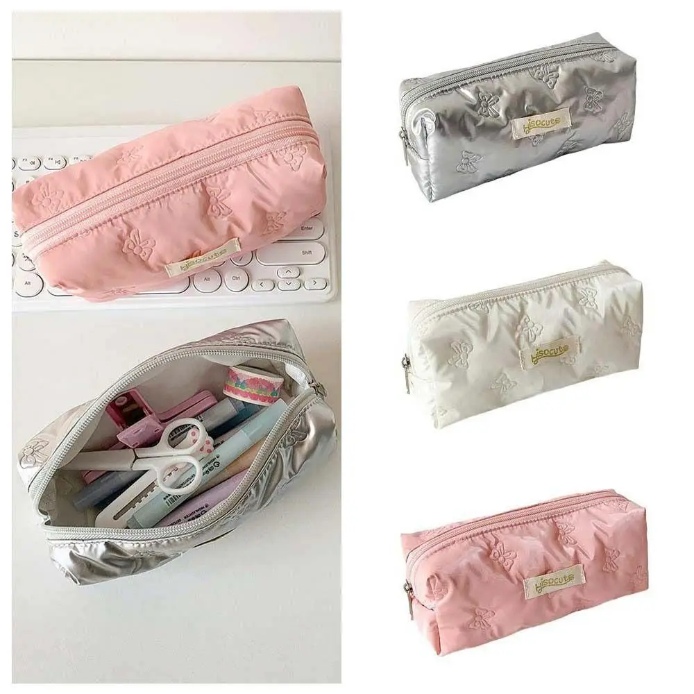 Bowknot Y2K Bow Stationery Bag Desktop Storage Cosmetics Card Pen Korean Style Pencil Case Pink White Silver Large Capacity