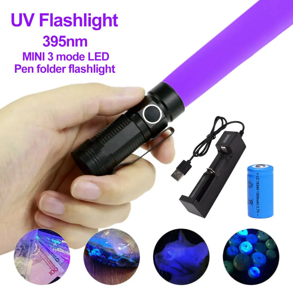 Imagem -02 - Lanterna uv Led 395nm Lâmpada Ultravioleta Portátil Mini Tocha Auto Defesa Bolso Luz Branco Verde Luz Flashlamp com Bateria