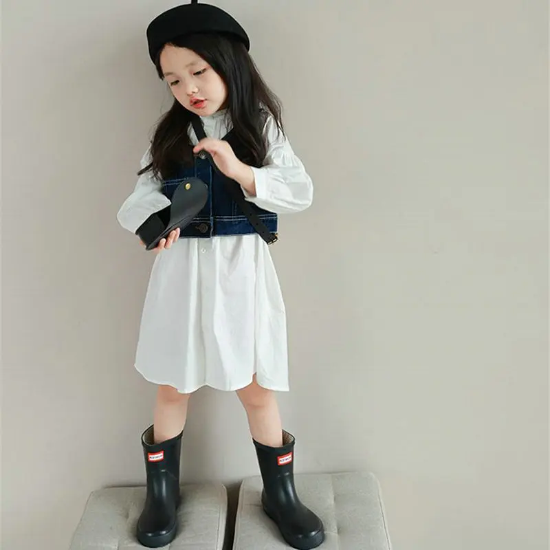 Girls' Set Stand Collar Puff Sleeve Dress with Denim Vest25Spring and Autumn New Fashion Foreign Trade Children's Clothing Whole