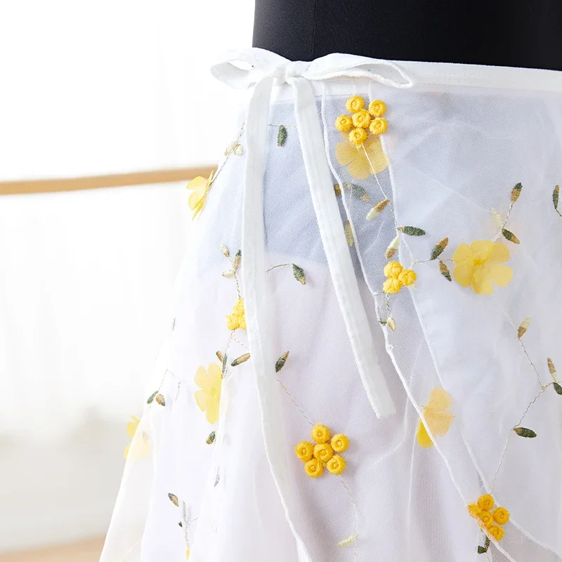 Women Ballet Dance Skirts Flower Embroidery Short Skirts Lace-up Dancing Skirt Adult Girls Dance Performance Dress Skirts