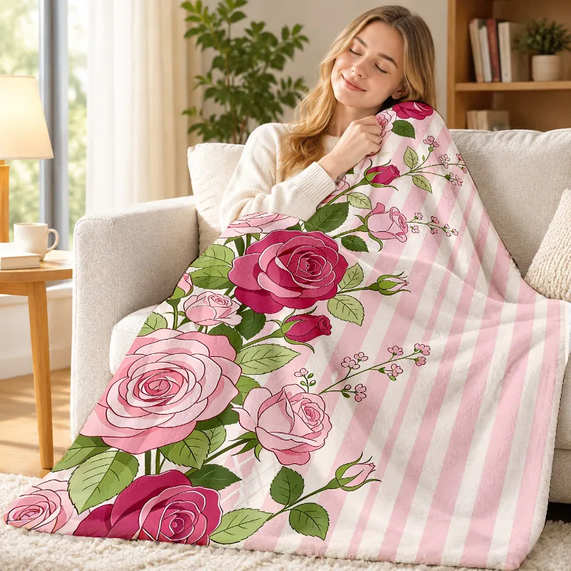 Romantic Rose Throw Blanket Pink Stripe Large Floral Art Print Soft Flannel for Kids Room Sofa Lap Flower Theme Decor Gift