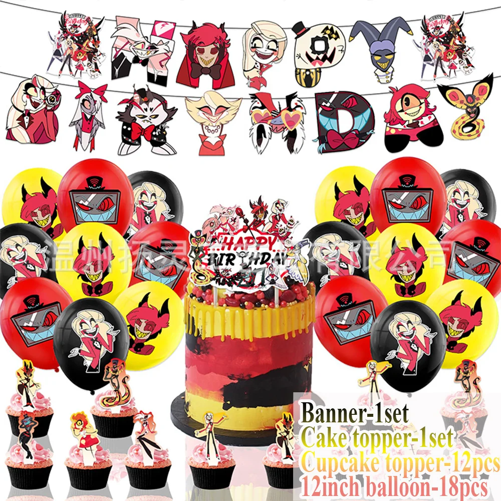 Hazbin Hotel Thema Geburtstag Party Supplies Film Hazbin Hotel Ballon Cupcake Topper Banner Hintergrund Baby Shower Geschenk Requisiten – Detail 4