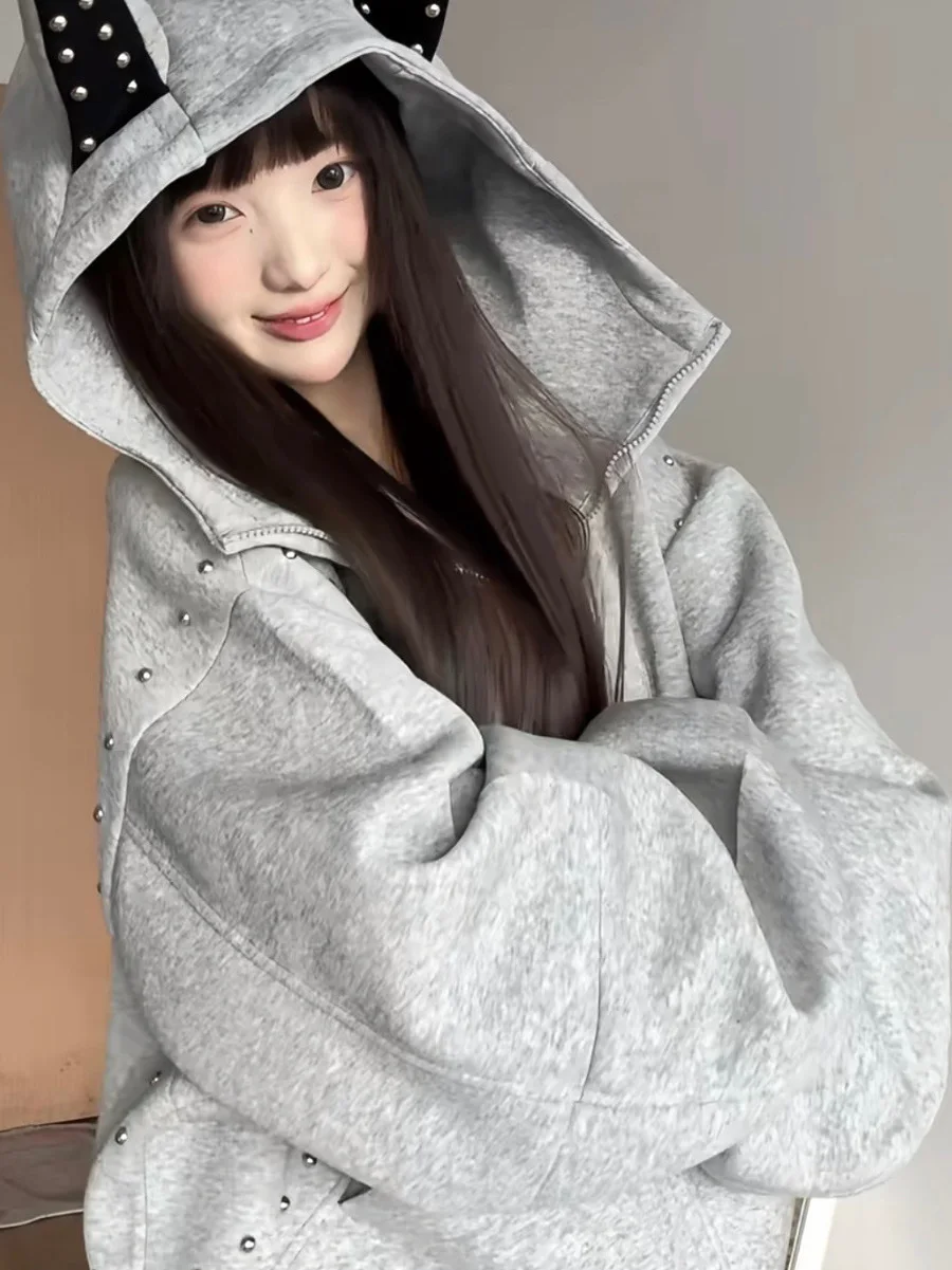 American Sle Rivet Doberman oreilles sweat à capuche femmes ample doux Cool Sle ort Cardigan manteau automne saison coton matériel