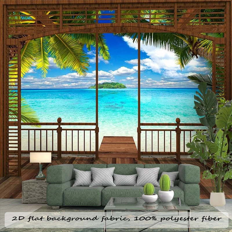 1PC Wooden Terrace Ocean View Print Backdrop Banner, Bedroom Living Room Photo Background, Polyester, Home Decor, Wall Art