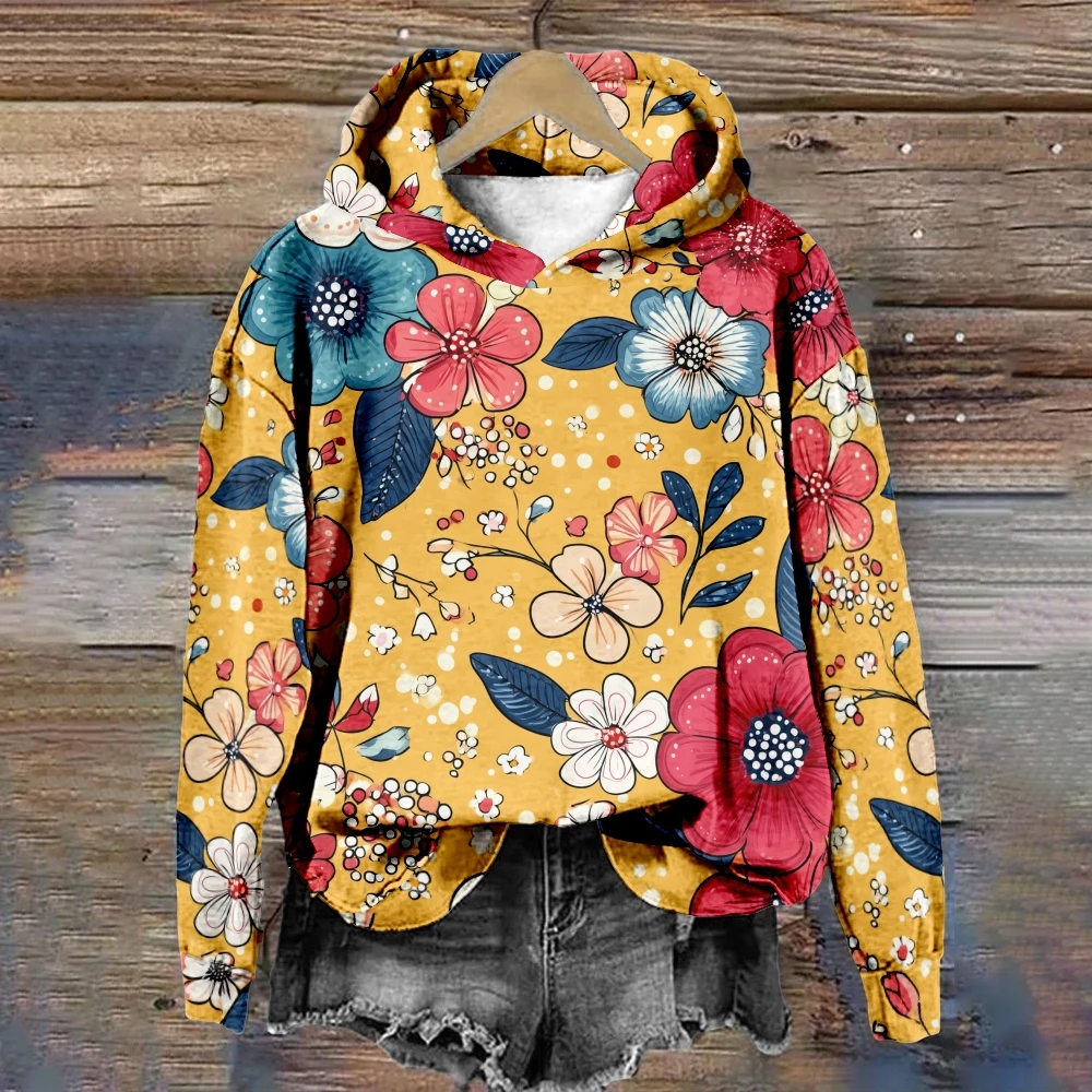 المرأة الأزهار هوديي محب بلوفر شتوي Harajuku فضفاضة تناسب البلوز غير رسمي دافئ الصوف مبطن سترة ملابس الشارع الشهير غير رسمية