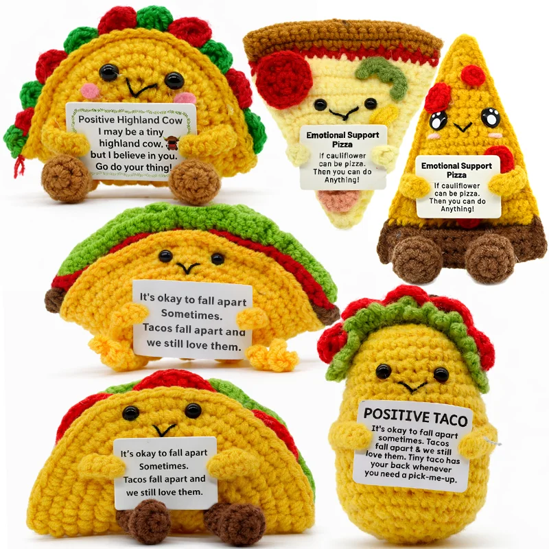 FoodSeries Positive Energy Taco&Pizza Crochet Doll Handmade Knitted Decor Ornament Encouragement Card Mini Desk Decor Gift