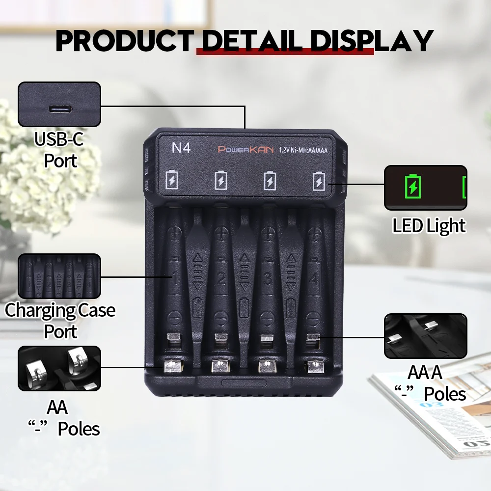 POWERKAN N4 battery charger LED charging display Supports 1~4 1.2V Ni-MH/Cd AA AAA batteries to be charged simultaneously
