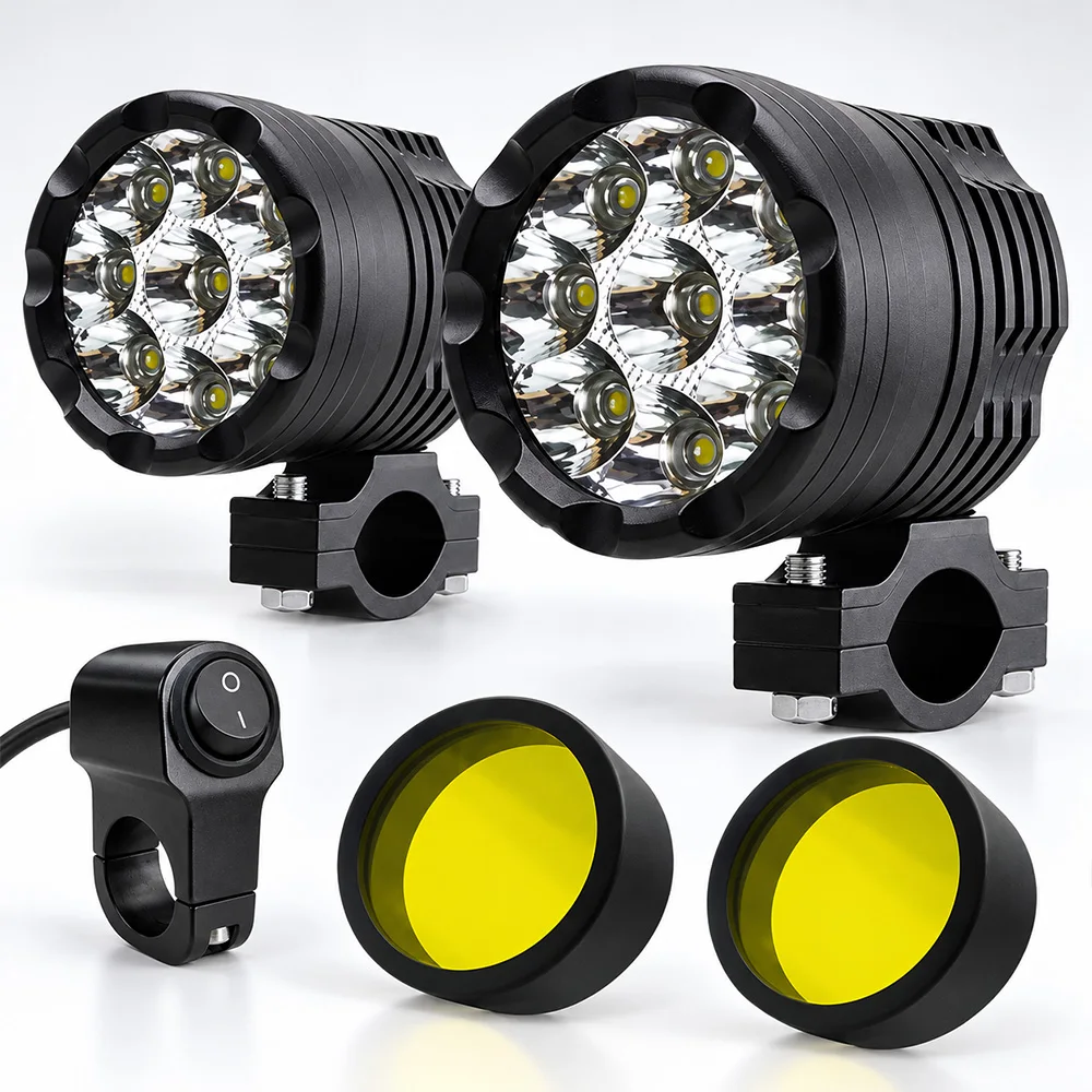 12-80V Auxiliary Motorcycle Headlights High/Low/Strobe Additional Long Range Round 9 Chips Led Spotlights Motorcycles Fog Lights