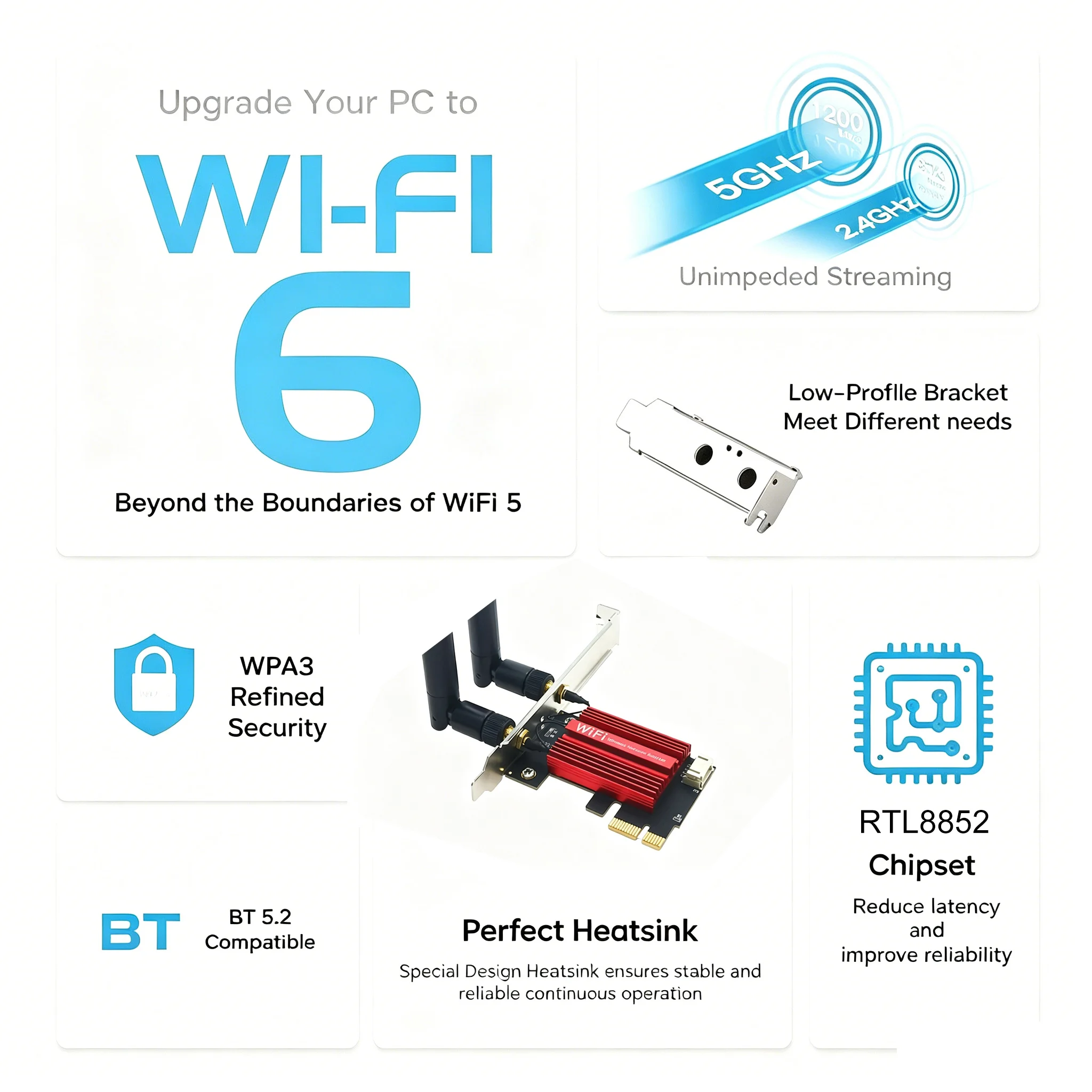 KEBIDUMEI AX1800 WiFi 6 PCI-E Wireless Adapter BT 5.2 1800Mbps Dual Band 5Ghz/2.4Ghz 802.11AX Network Wi-Fi 6 Card for Win 10/11