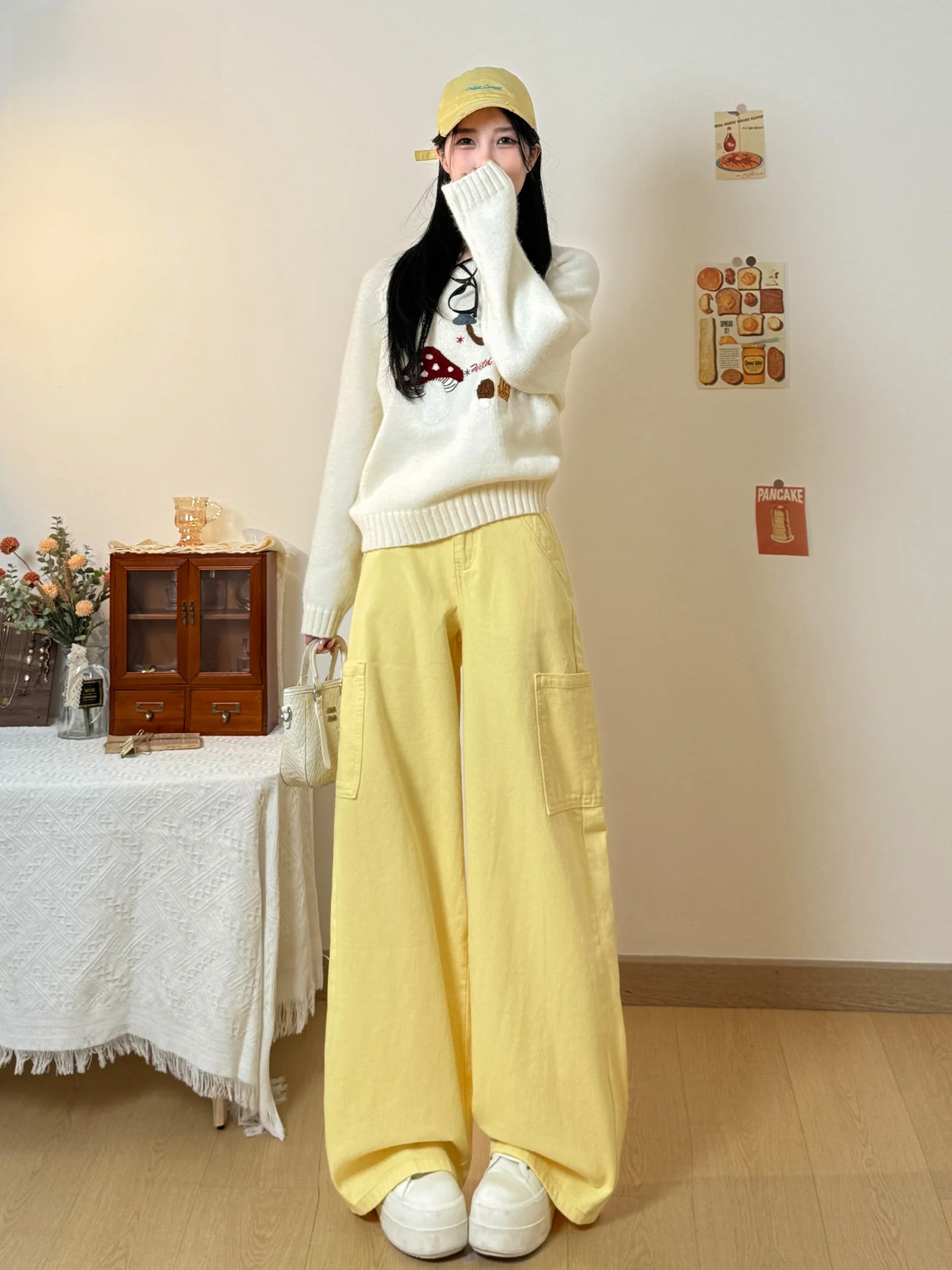 

Casual Wide Leg Workwear Pants Women's Yellow Spring 2026 New Style High Waist Cotton Denim Loose Fit Summer Trousers