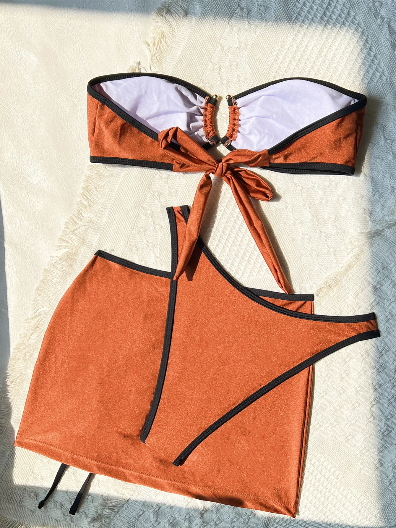 Sexy Glitter Patchwork Bandeau Bikinis Sets 3pcs with Drawstring Mini Skirt Swimwear Swimsuit Bathing Suit Biquini Tankini
