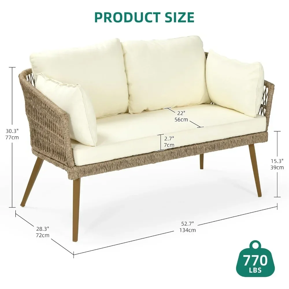 Patio Loveseat โซฟาหวาย2ที่นั่งทุกสภาพอากาศพร้อมหมอนอิงและหมอนรองเอวชุดเฟอร์นิเจอร์กลางแจ้งสำหรับลานบ้านระเบียง