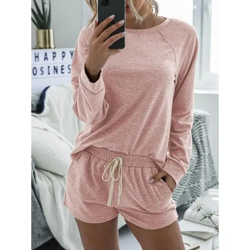Women's Basic 2-Piece Long Sleeve Solid Raglan Neck Home Loungewear Set - Cozy 95% Poly Drawstring Waist Pocket Shorts, Casual Comfy Sleepwear for Spring & Fall