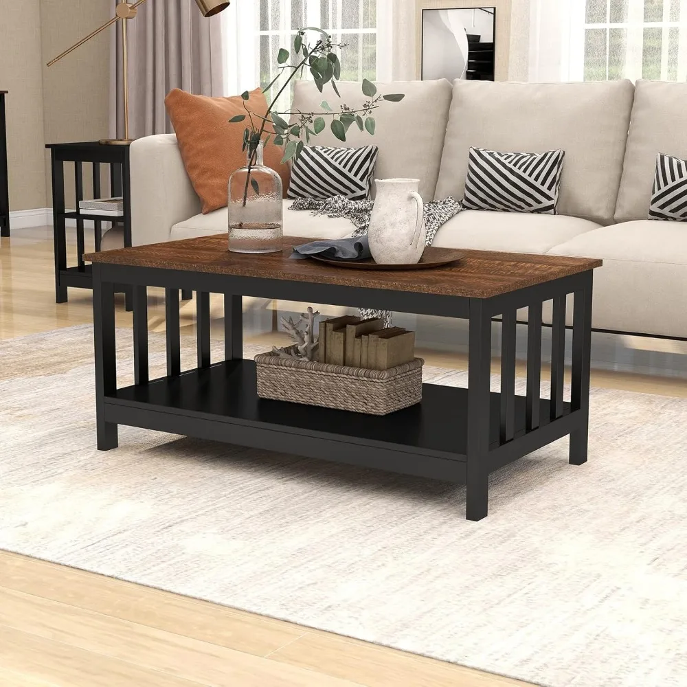 

Farmhouse Coffee Table, Black Living Room Table with Shelf, 40 Inch