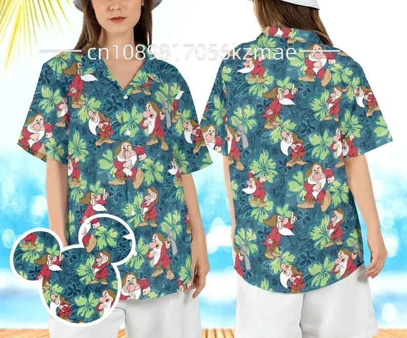 

2024 Summer New Grumpy Dwarf Hawaiian Shirt Disney Fashion Casual Beach Men's and Women's Short Sleeved Shirt