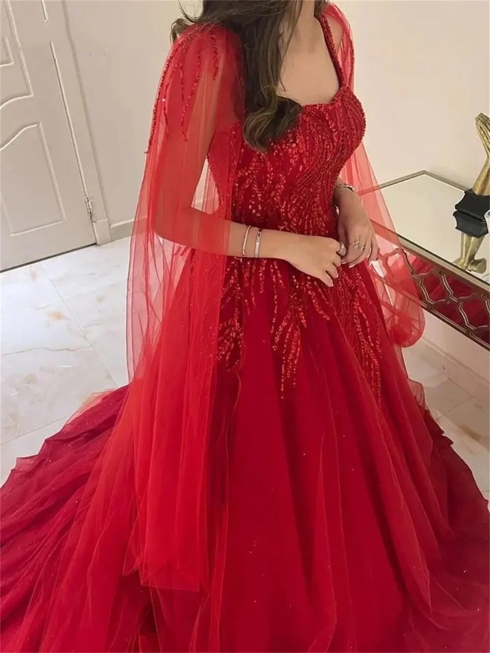 Amanda Lace Embroidery Tulle vestidos de noche Detachable Shawl Prom Dresses Elegant Sleeveless Floor-Length Formal Evening 2024