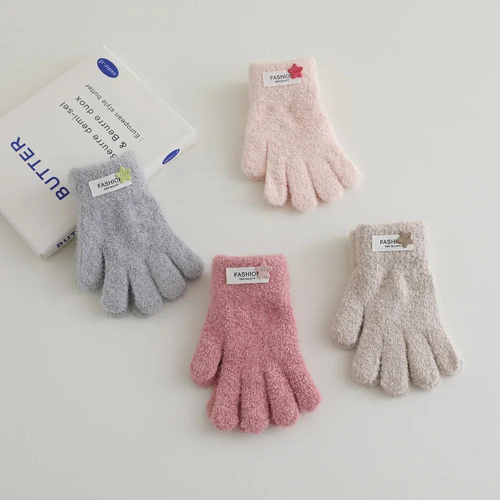 New Coral Fleece Children Knitted Warm Gloves for Students Winter Cute Star Full Finger Mittens Outdoor Cycling Skiing Gloves