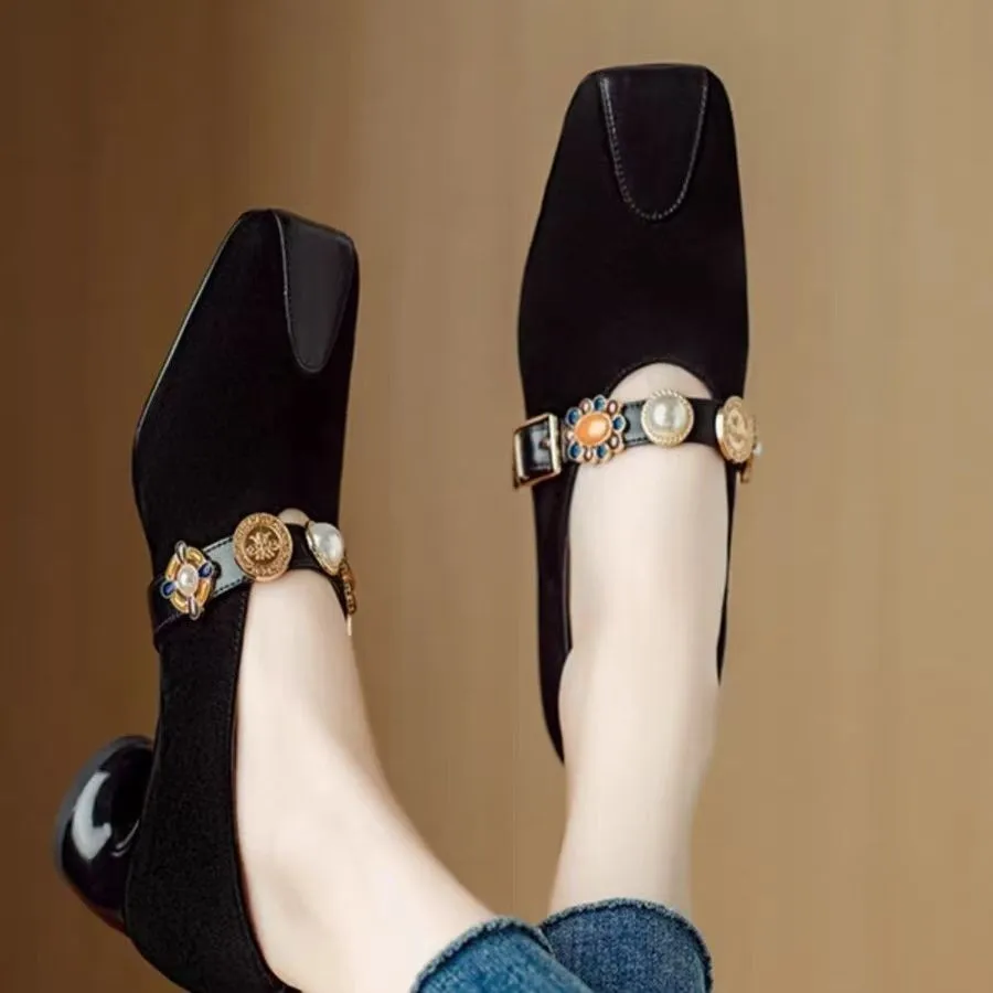 Chaussures d'extérieur à talons bas et bouche peu profonde pour femmes, bout rond, visage doux, rétro, résistantes à l'usure, nouvelle collection printemps et automne 2025
