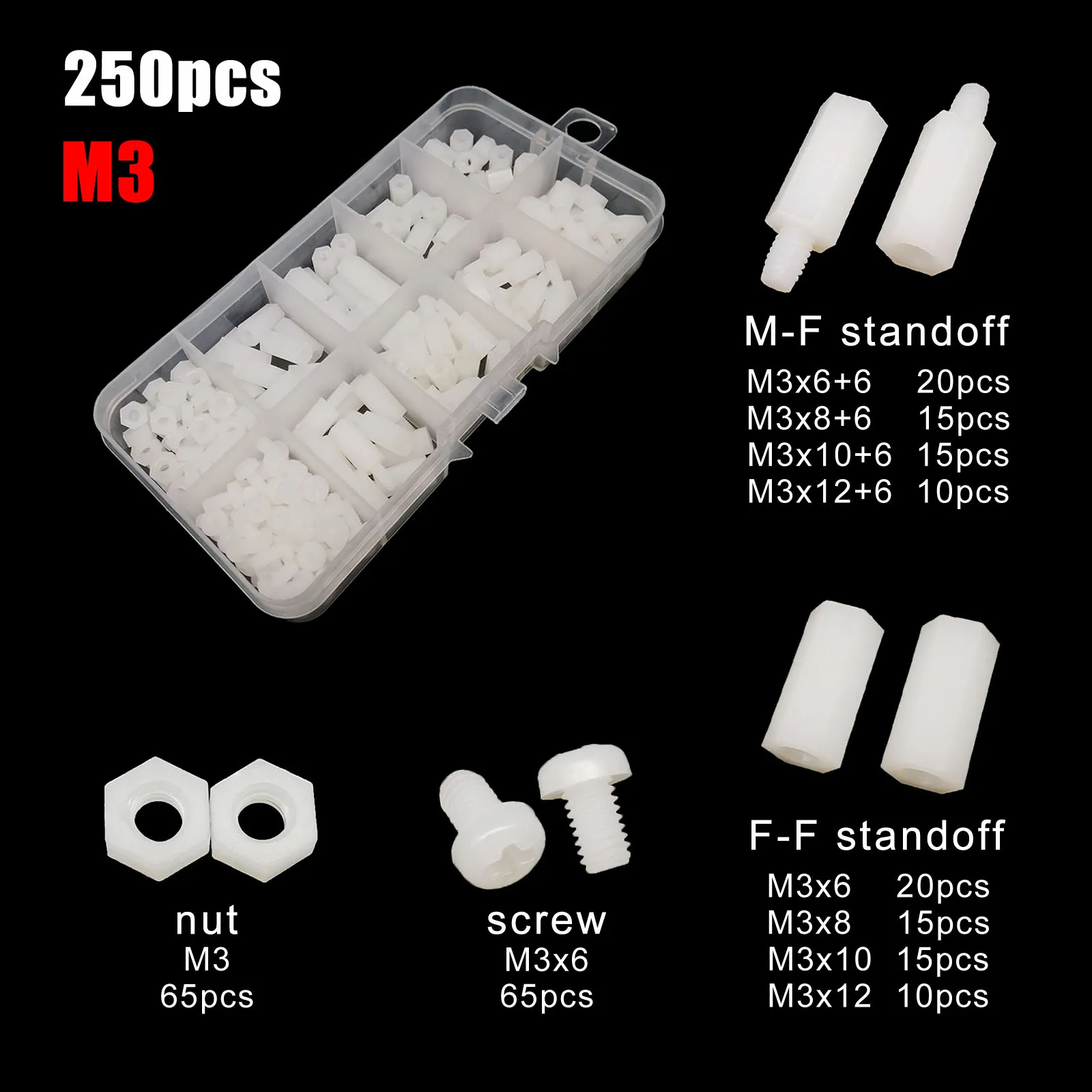 1 doos Plastic Nylon Hex Hexagon Spacer Kolom Standoff Schroef Moer Ring Kit Set voor PCB Moederbord M2 M2.5 M3 M4 Zwart Wit