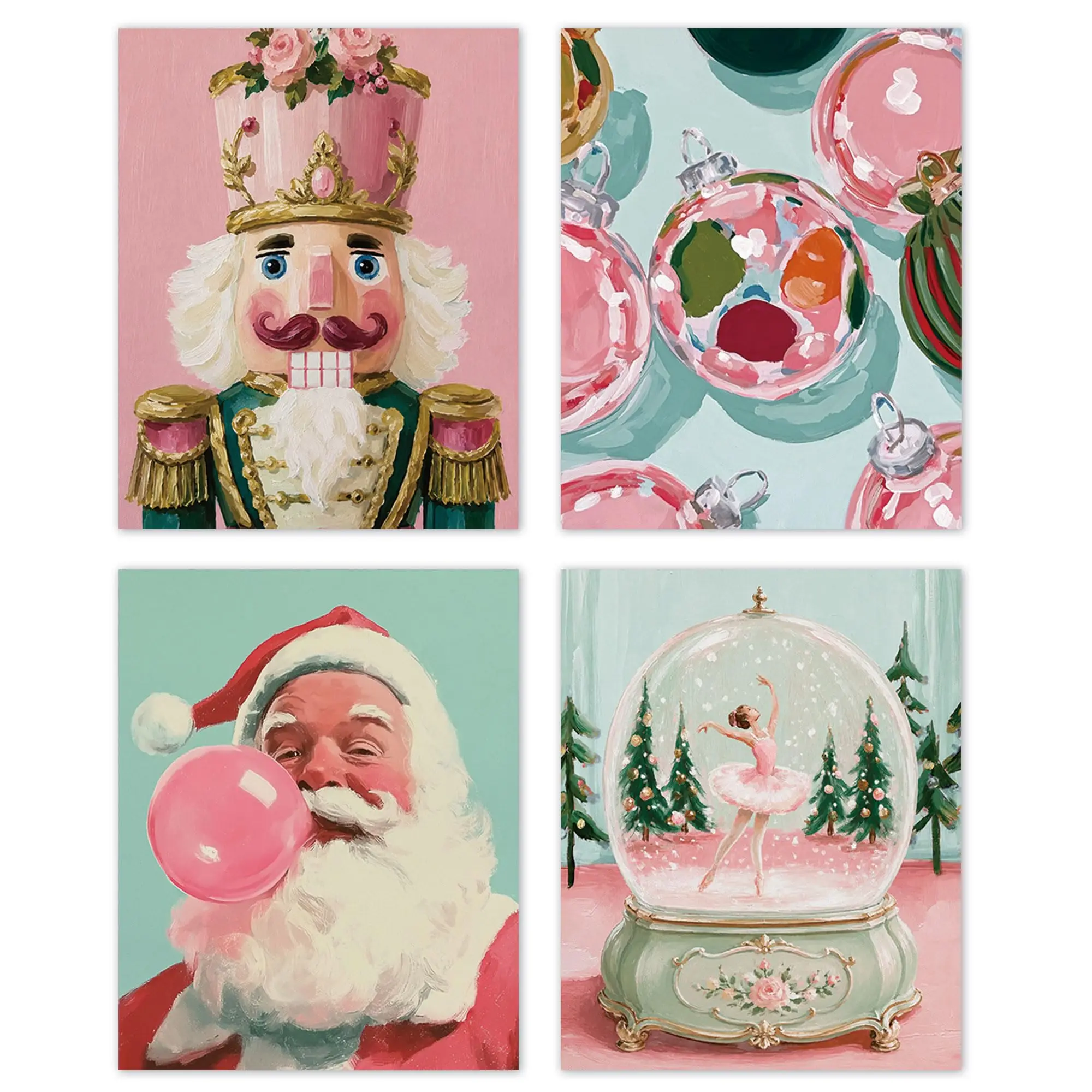Pink Christmas Canvas Poster Set of 4, Vintage Nutcracker Ballerina Snow Globe Ornament Art Prints, Girls Bedroom Wall Decor