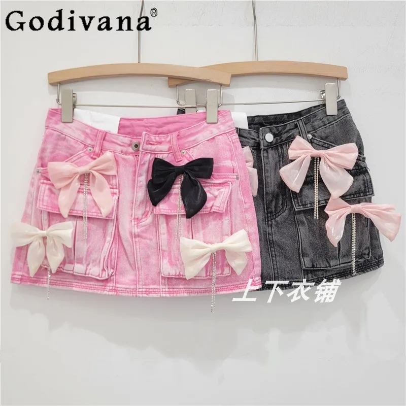 

Women's New Versatile Sweet Bow Tassel Denim Skirt Pantskirt Temperament Sexy Girl Low Waist Age Reduction A-line Short Skirts