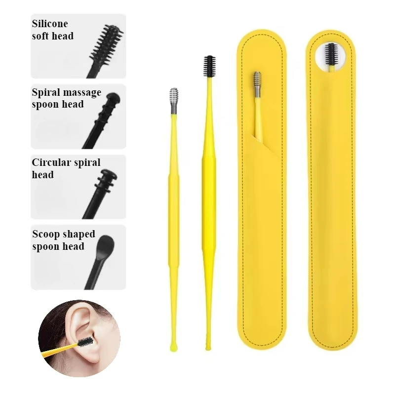 2PCS Double Head Ear Cleaner Soft Silicone Spiral Earwax Removal Stainless Steel Ear Scoop Ear Wax Picker Cleaning Tool